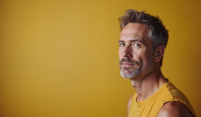Obraz premium Mature man with thoughtful expression against vibrant yellow background with copy space