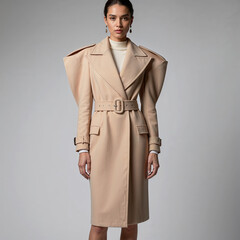 Vintage-Inspired Coat Dress with Oversized Lapels, Belt, and Subtle Shoulder Pads