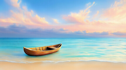 Tranquil coastal scene with a wooden paddle boat and a golden sand beach with turquoise water in the foreground