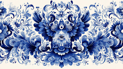 Intricate blue floral pattern with ornate swirls and symmetrical design, evoking sense of elegance and tradition. detailed artwork features harmonious blend of shapes and shades