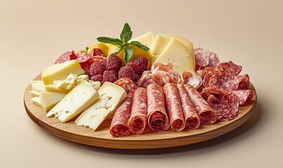 Obraz premium A platter of sliced cheese, salami, and raspberries on a wooden board.