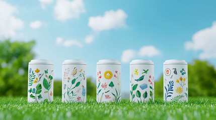 Obraz premium Eco friendly containers with nature themed designs in green field