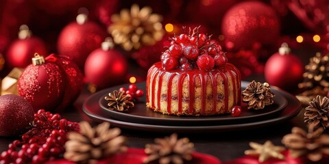 a cake with a red and white glaze on a plate