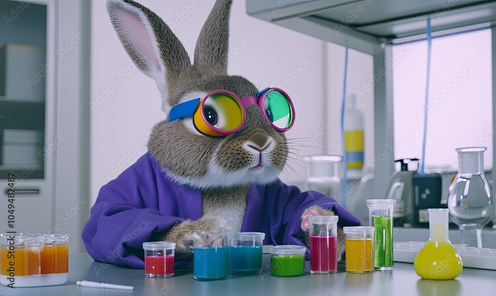 Poster a rabbit wearing goggles and a lab coat sits at a table in a laboratory, looking at a row of beakers