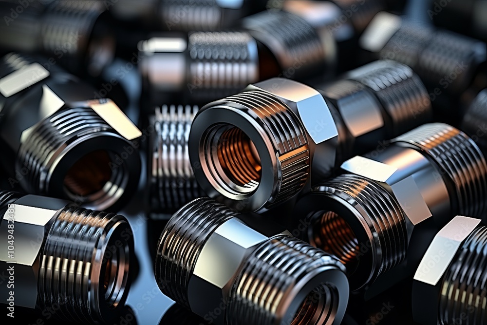 Aufkleber close-up view of shiny metal connectors on a reflective surface in a workshop setting