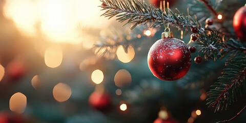 a close up of a christmas tree with a red orname