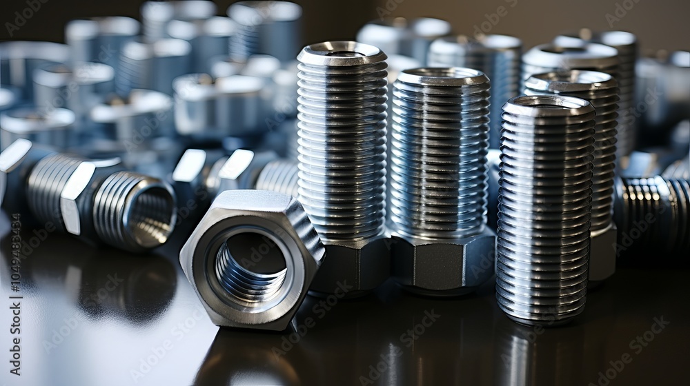 Poster metal nuts and bolts arranged neatly on a black surface in a workshop setting during daylight hours