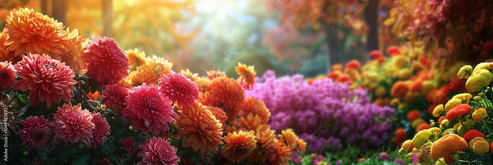 Poster this garden features a stunning array of blooming chrysanthemums, dahlias, and other autumn flowers,