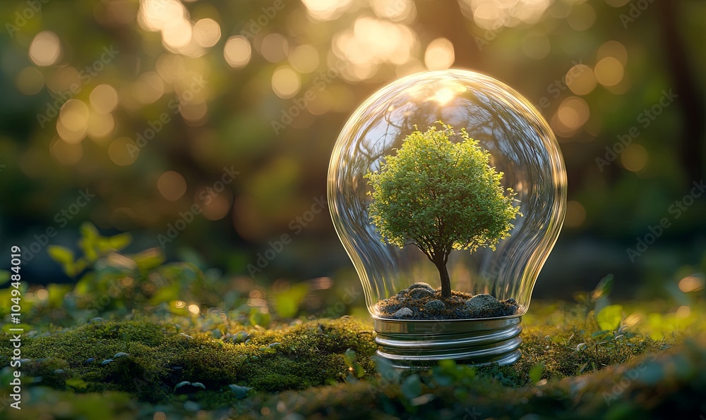 Poster a small tree grows inside a lightbulb in a forest setting, representing the importance of sustainabi