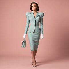 Polished 1940s Fitted Blazer with Defined Shoulder Pads and Pencil Skirt on Blush Pink Background