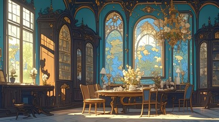 Obraz premium Illustration of a Vintage Dining Room with Ornate Windows and a Large Table