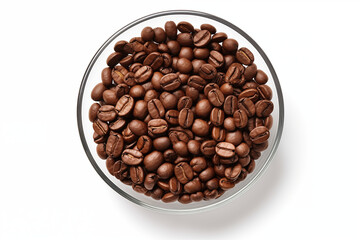 Fototapeta premium Top view of freshly roasted coffee beans in clear glass bowl in rich brown color and textures on white background