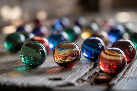 Colorful glass marbles illuminated by light create a playful and decorative background, evoking vintage childhood games and collectibles. Retro toy concept
