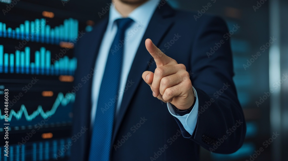 Poster businessman pointing at data: a confident businessman in a sharp suit, with his finger pointed towar