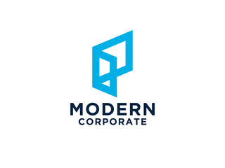 Abstract Initial Letter P Logo. Blue Geometric Arrow Shape Origami Style. Usable for Business and Construction Logos.