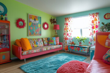 Retro-Inspired Living Room with Colorful Sofa and Vintage Accents: A Playful Nod to the Past