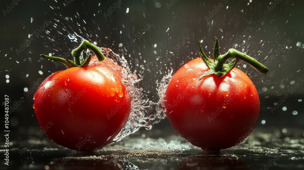 Aufkleber two tomatoes are splashing water, one of which is on the right