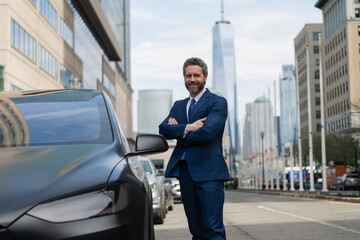 Businessman dealer outdoor. Dealer man in expensive suit. Business man rent car. Insurance agent at...