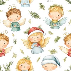 Minimal watercolor Christmas angels, softly drawn with light gold accents on a white background, airy design, seamless repeat