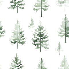 Minimalist watercolor fir trees with snow, soft green and white tones, airy composition, seamless repeat