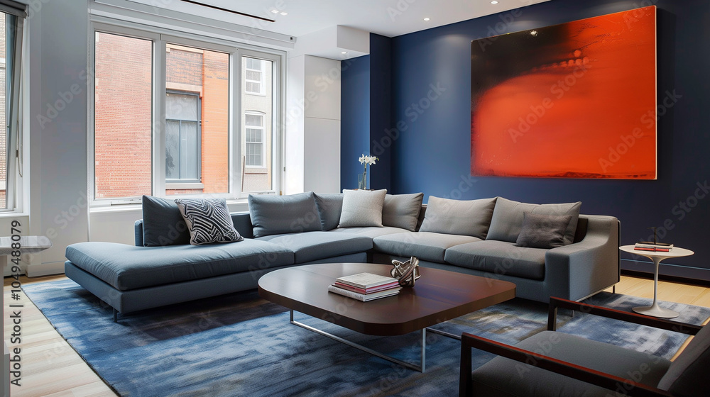 Wall mural contemporary living room with a bold navy-blue accent wall, sleek gray sectional sofa facing a low c