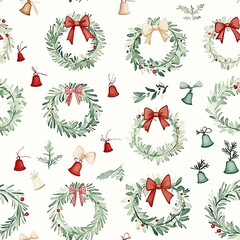 Simple watercolor Christmas wreaths with bells and bows, light green and red tones, floating on a soft cream background, seamless pattern