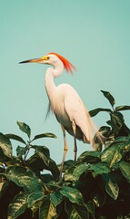 Obraz premium White egret with red crest perched on a branch of green leaves against a blue sky.
