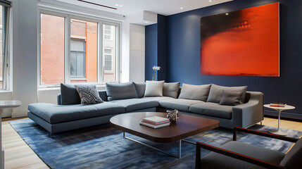 Contemporary living room with a bold navy-blue accent wall, sleek gray sectional sofa facing a low coffee table, and minimal decor for a sophisticated look.
