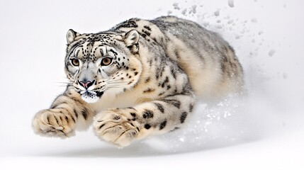 Fototapeta premium Snow Leopard Leaping Through Snow.
