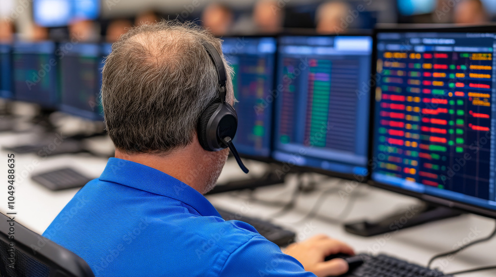 Poster focused on the mission: a dedicated professional wearing a headset and intently focused on a compute
