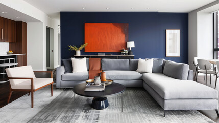 Contemporary living room with a bold navy-blue accent wall, sleek gray sectional sofa facing a low coffee table, and minimal decor for a sophisticated look.