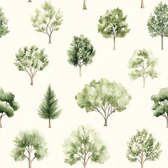 Fototapeta premium Watercolor evergreen trees in muted green tones, minimalist shapes, soft beige background, seamless pattern