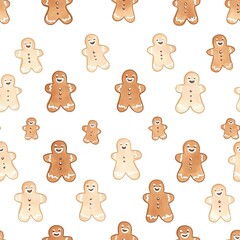 Fototapeta premium Watercolor gingerbread cookies in simple shapes, scattered over a light pastel background, soft holiday tones, seamless design