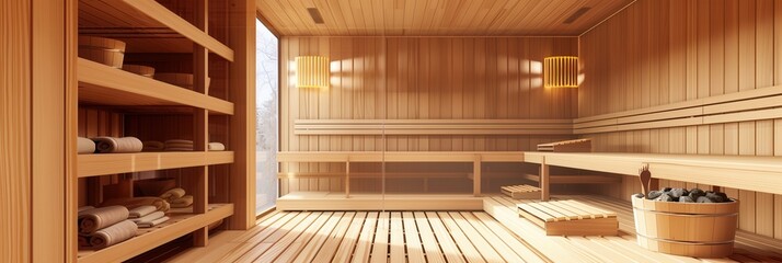 Relax in a beautifully crafted traditional wooden sauna featuring natural wood, soft lighting, and arranged towels for comfort. Generative AI