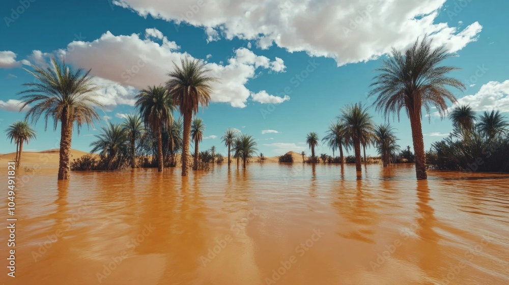 Poster a large body of water with palm trees in the background
