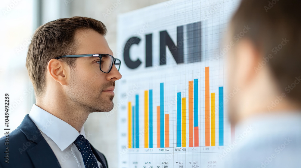 Poster businessman analyzing data: a focused businessman in a suit examines a chart with data and graphs, s