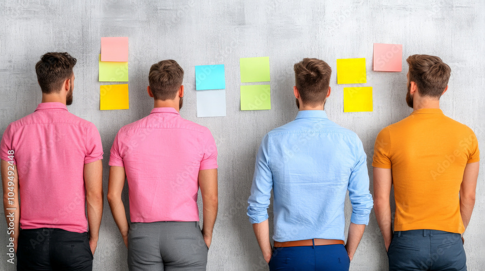 Poster team brainstorming session: back view of four colleagues in colorful shirts, facing a wall covered i