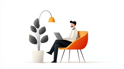 Fototapeta premium Person working on laptop in modern chair.