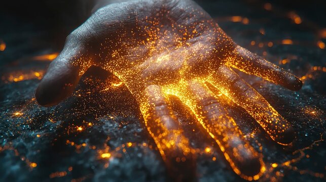 Glowing hand with sparkling particles in a dark environment