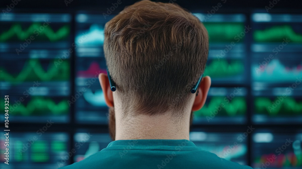 Poster market analyst at work: a focused man, seen from behind, analyzes data displayed on multiple screens