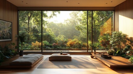 Fototapeta premium living room Lofty house, wooden floor and large windows in the countryside with nature view