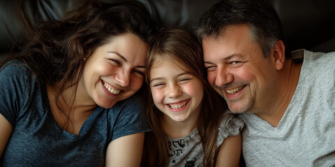 Fototapeta premium Happy family of a mother, father, and daughter child having fun together at home, sitting on a couch in the living room, generative AI