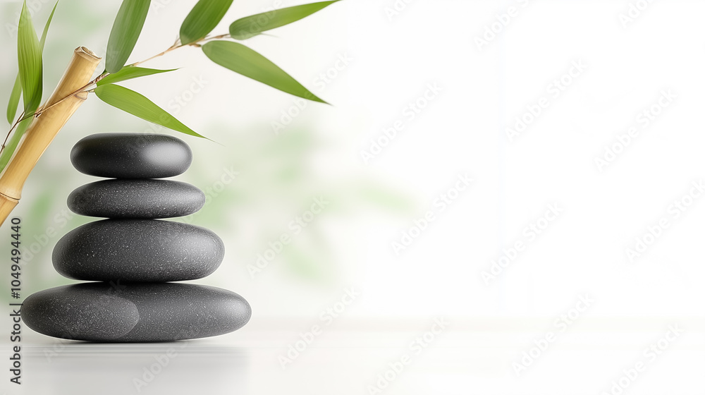 Poster four basalt stones are stacked neatly next to bamboo, creating a calming and balanced indoor atmosph