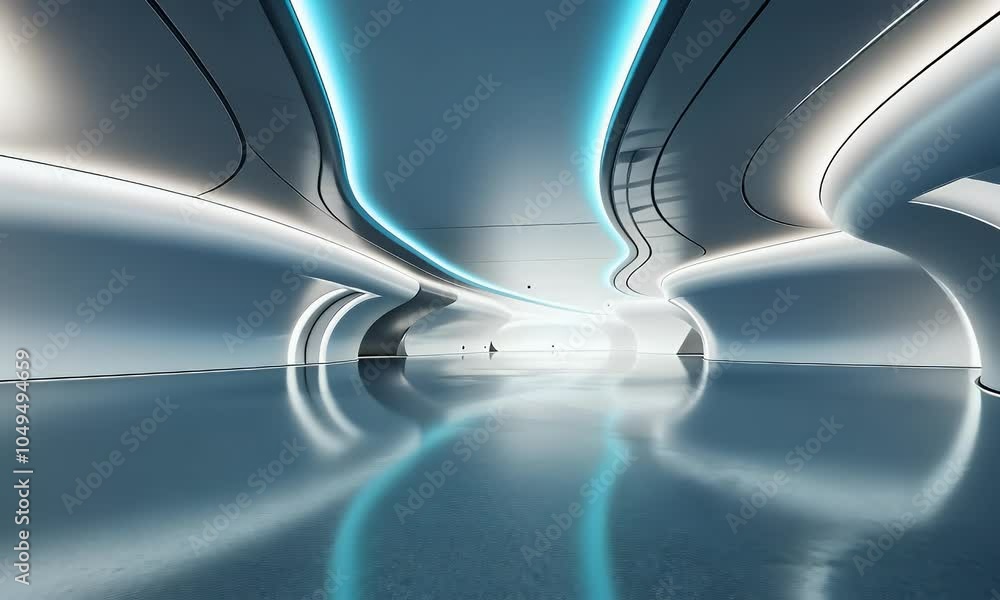 Poster 3d rendering of an empty futuristic white room with blue light and soft lines on the ceiling. the ba