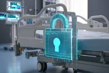 Obraz premium The digital lock above the hospital bed symbolizes the security of healthcare data