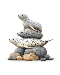 Fototapeta premium Three adorable seals resting atop a stack of stones, showcasing their playful nature in a whimsical and charming arrangement.