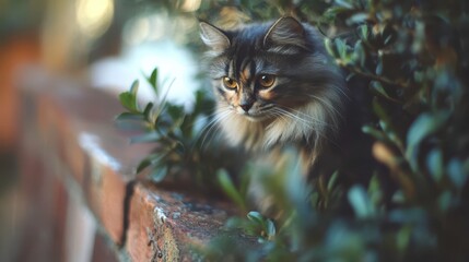 Curious cat observes its surroundings from a cozy spot among lush greenery
