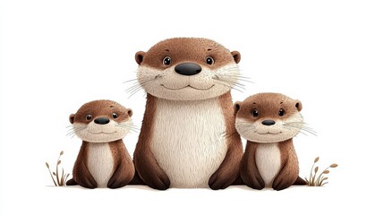 Fototapeta premium Three cute otters on white isolated background