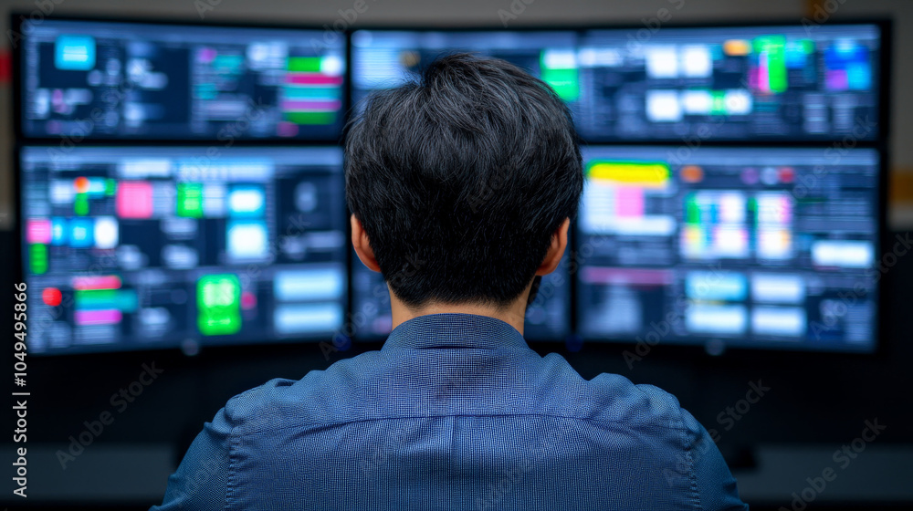 Poster analyst at work: a lone figure sits in front of a wall of monitors, each filled with complex data an