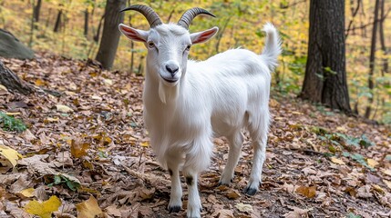 Naklejka premium Explore the majestic beauty of a white goat surrounded by autumn leaves in the forest